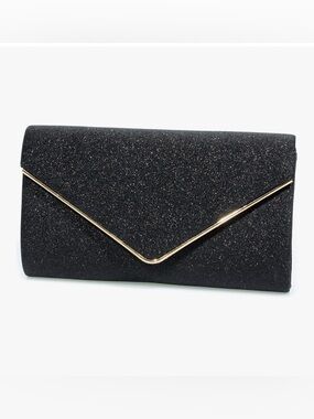 Elegant Black Glitter Envelope Clutch with Gold Trim